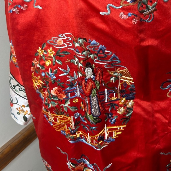 Vintage Chinese Silk Embroidered Robe Women Red Good Chinoiserie Duster Coat - Picture 12 of 14
